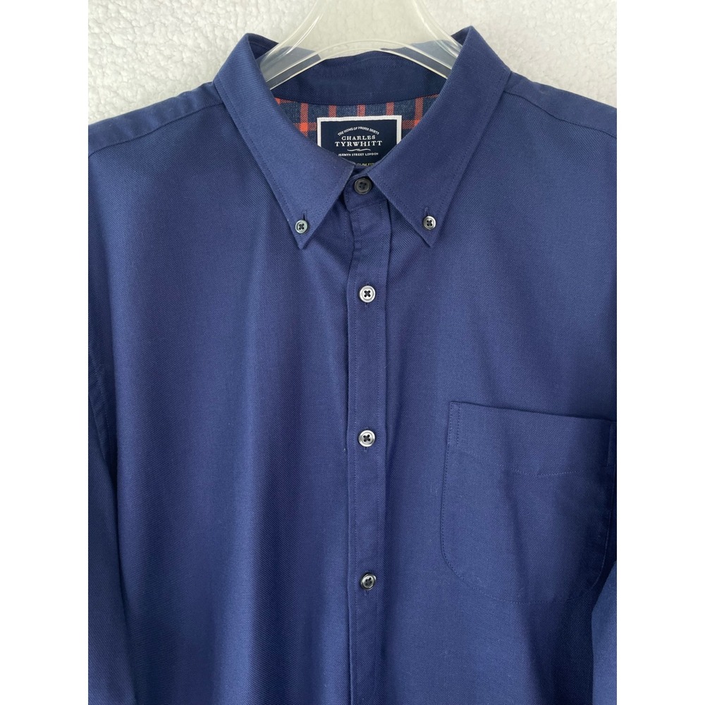 Charles Tyrwhitt Mens‎ Extra Slim Fit Non-Iron Button Down Shirt Navy Blue XL
